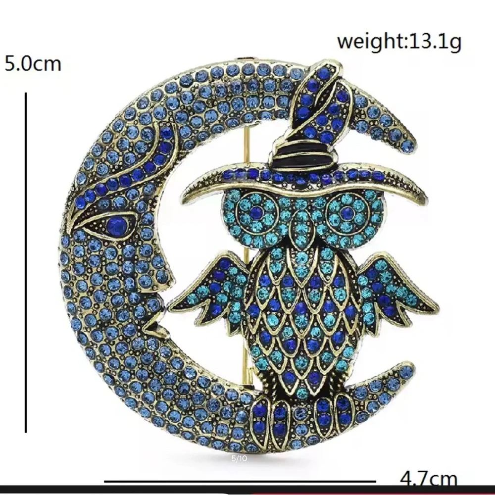 Blue Crystal Moon and Owl Brooch‎